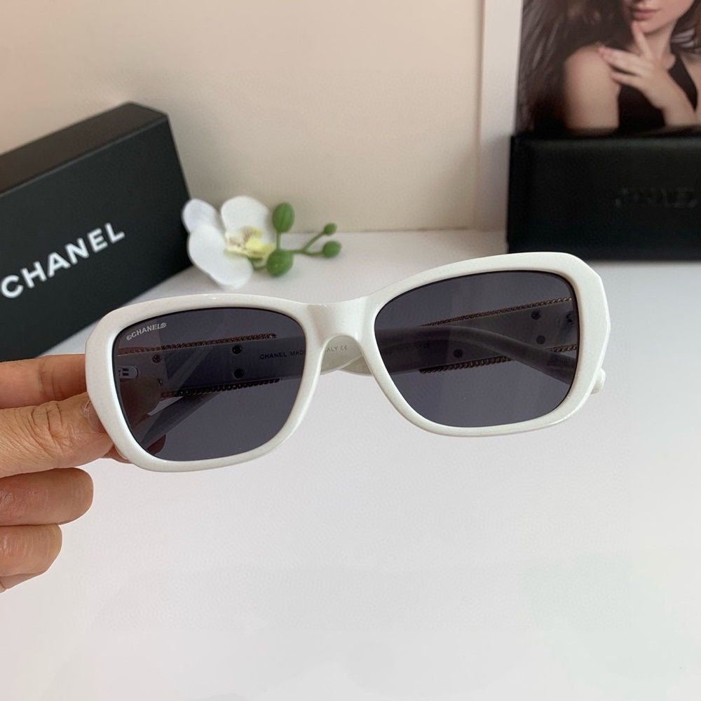Chanel White Rectangular Sunglasses with Dark Lenses